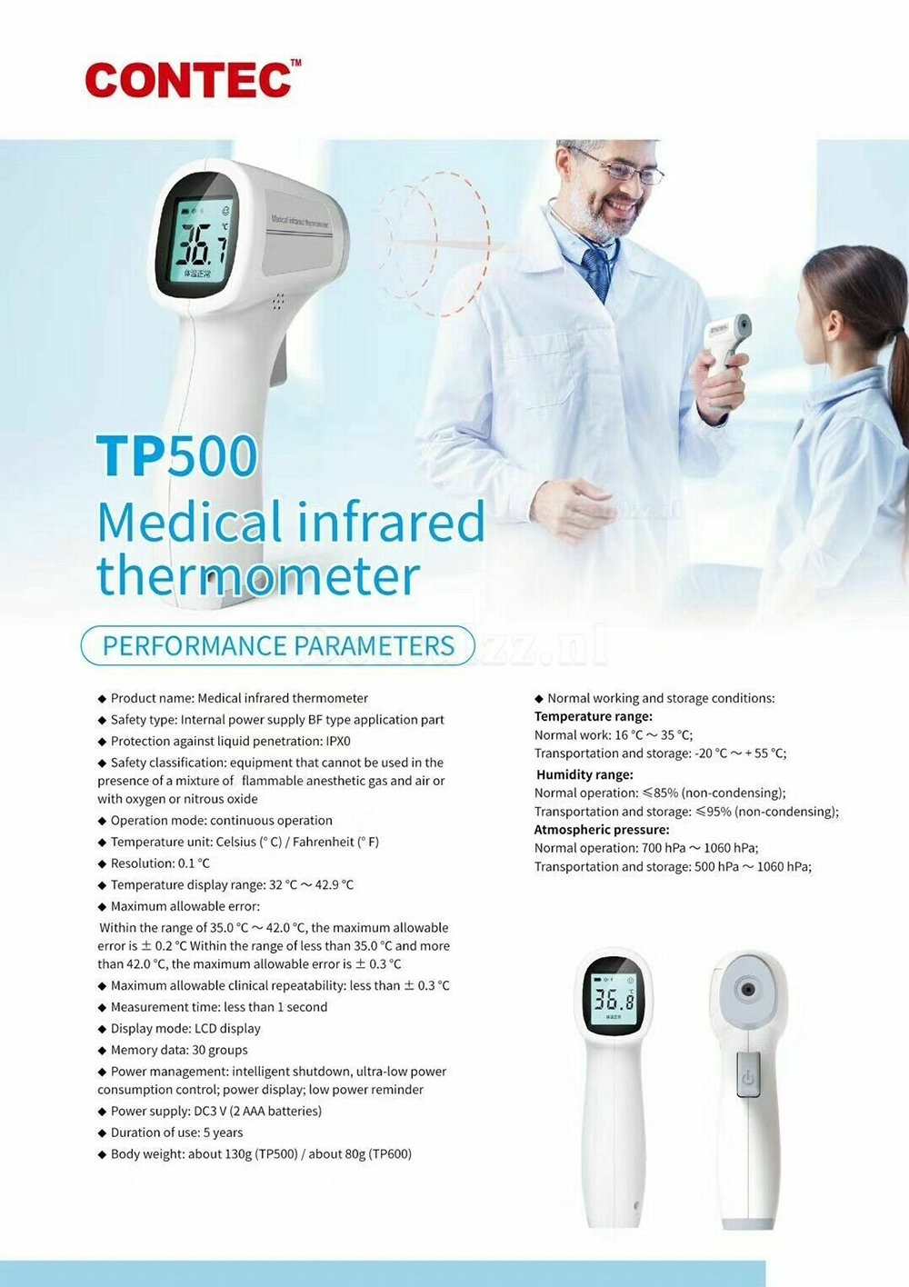 IR infrarood contactloze voorhoofdthermometer Baby- / volwassen lichaamsthermometer TP500